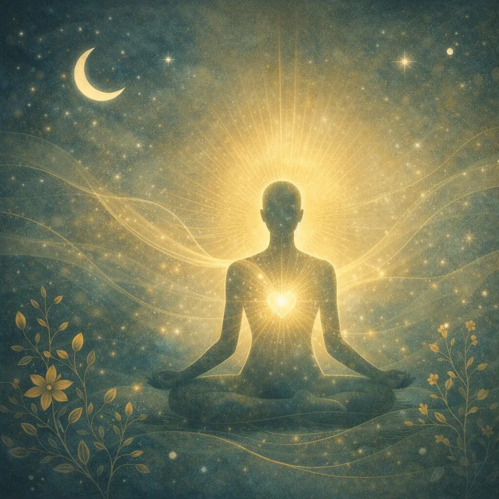 Silhouette meditating under crescent moon, glowing heart.