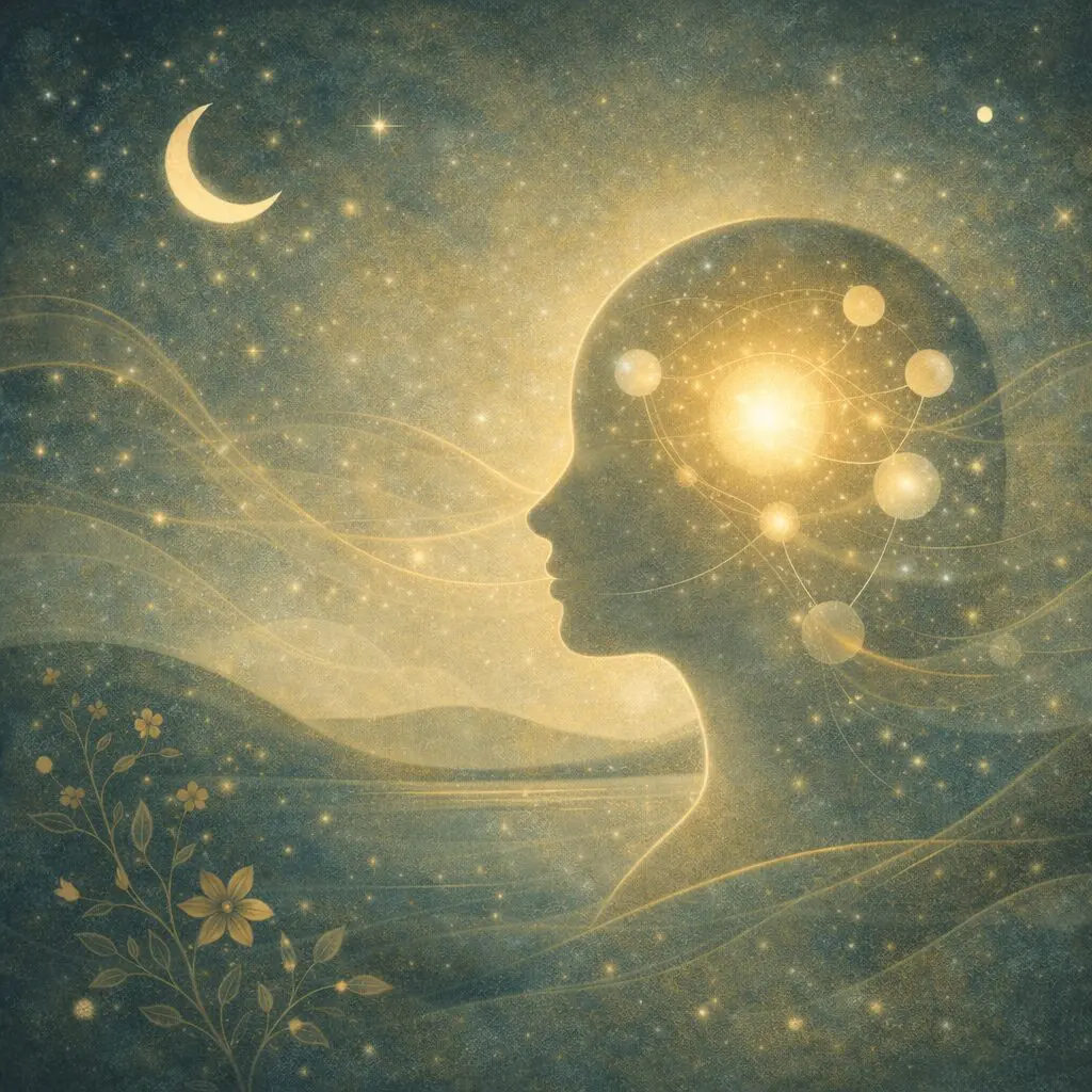 Silhouette with glowing mind under starry sky.