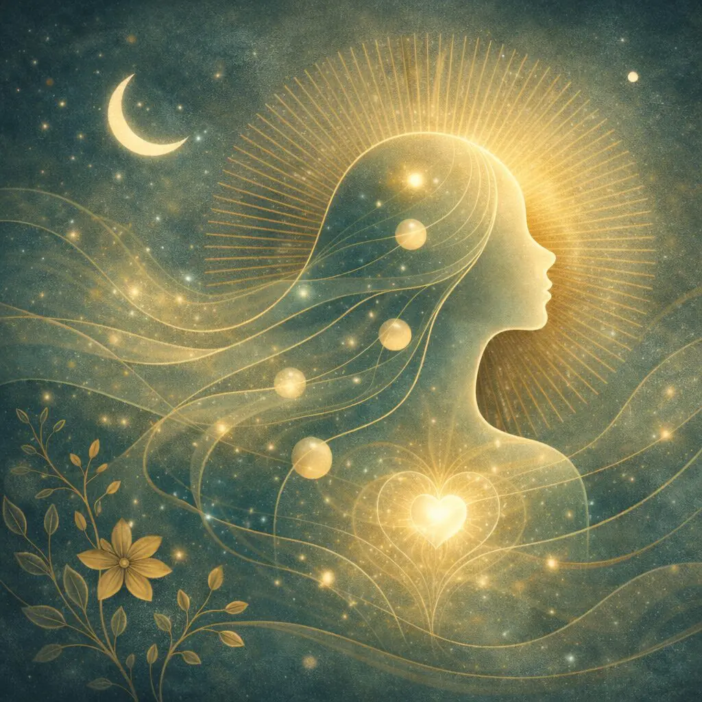 Mystical woman silhouette with celestial elements.