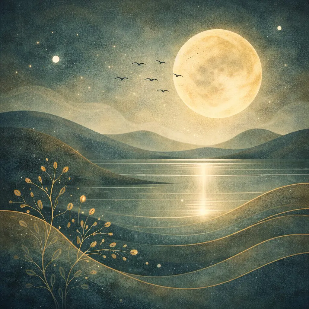 Moonlit landscape with hills and birds.