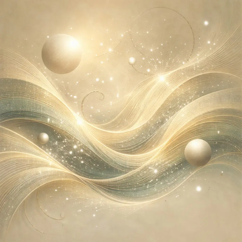 Abstract swirls with glowing spheres and sparkles.