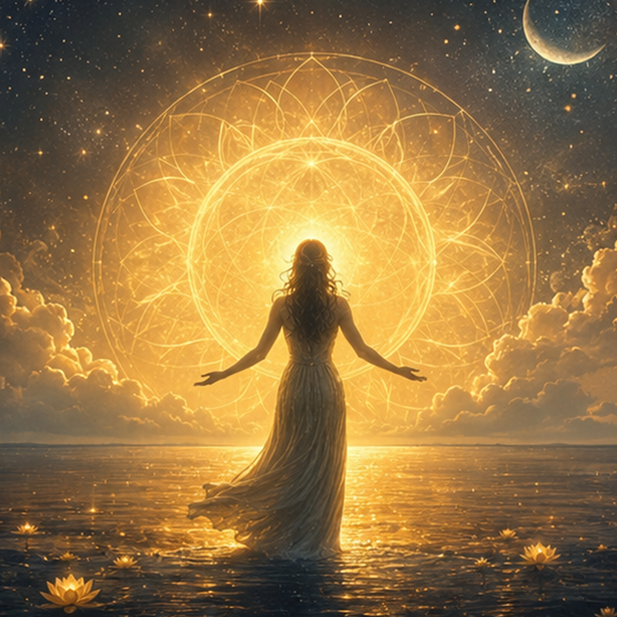 Mystical woman standing in radiant light.