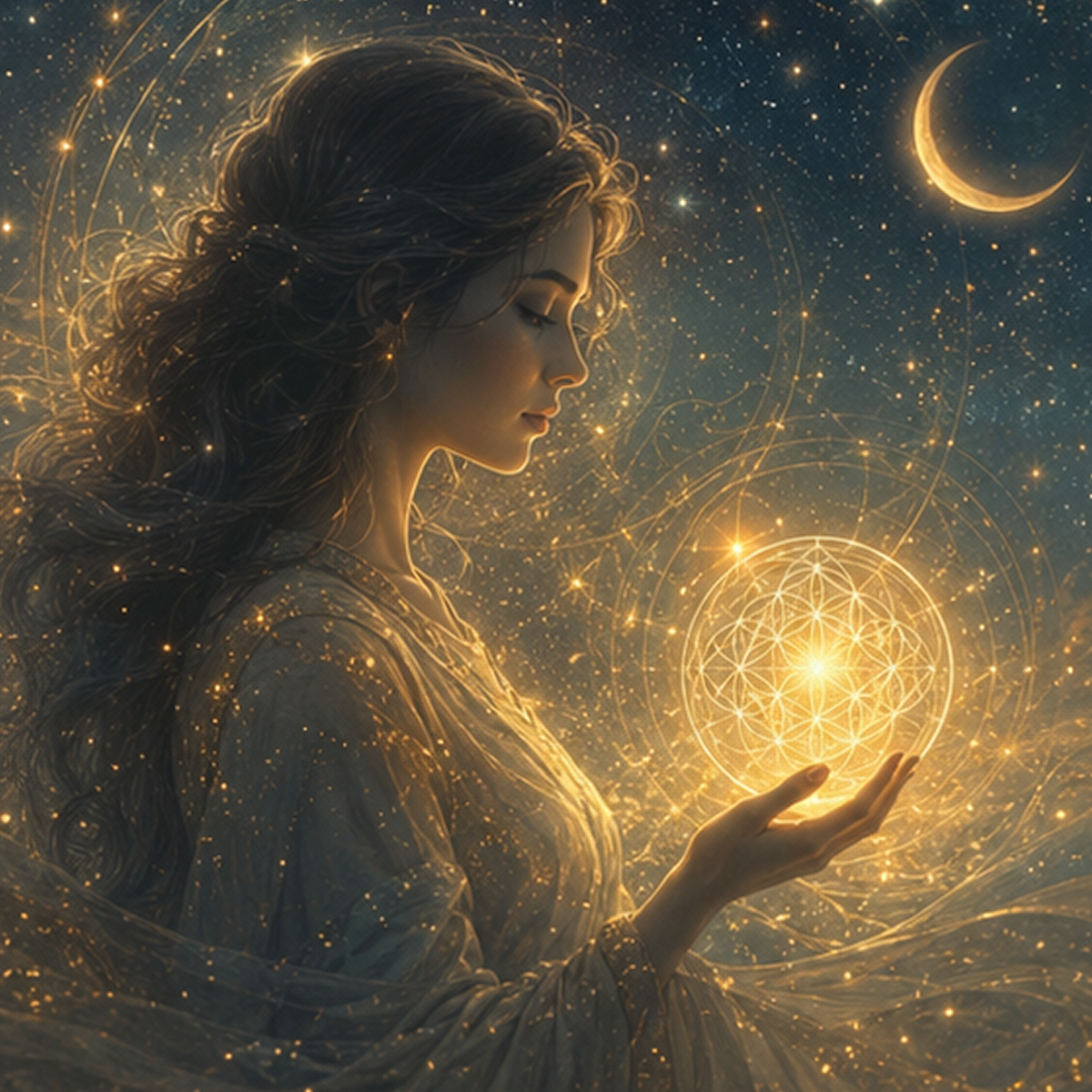 Mystical woman holding glowing orb under stars.