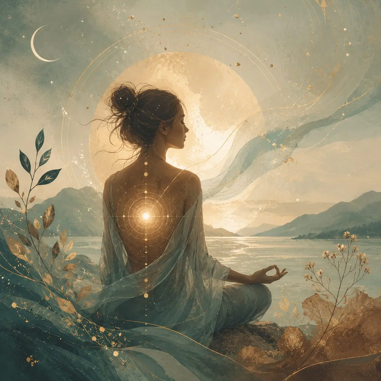 Woman meditating by a serene lakeside.