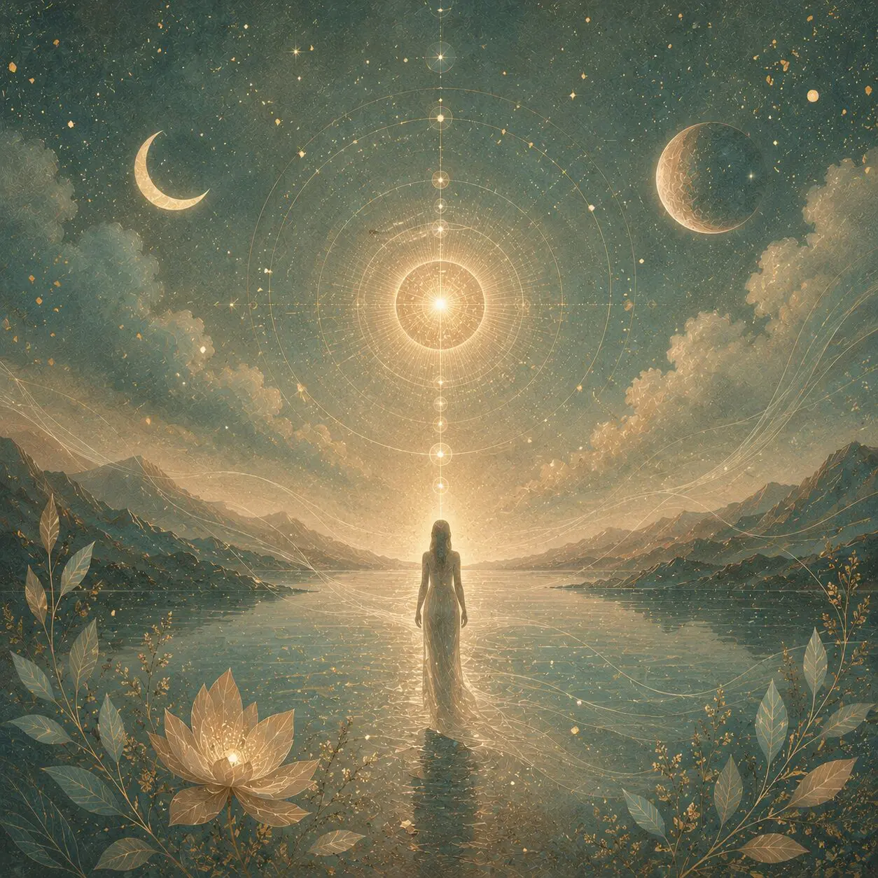 Mystical landscape with moons and figure.