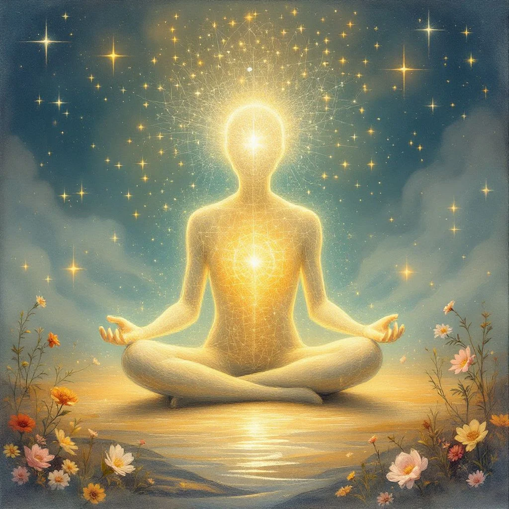 Luminous figure meditating amidst glowing stars.